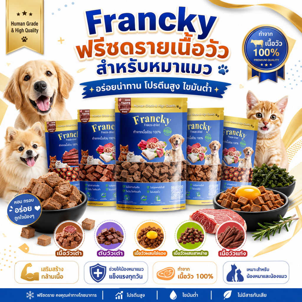 [เสริมสร้างกล้ามเนื้อ หุ่นเฟิร์ม] เนื้อวัวแท้ฟรีซดราย Francky โปรตีนสูง ไขมันต่ำ ให้โครงสร้างแข็งแรง