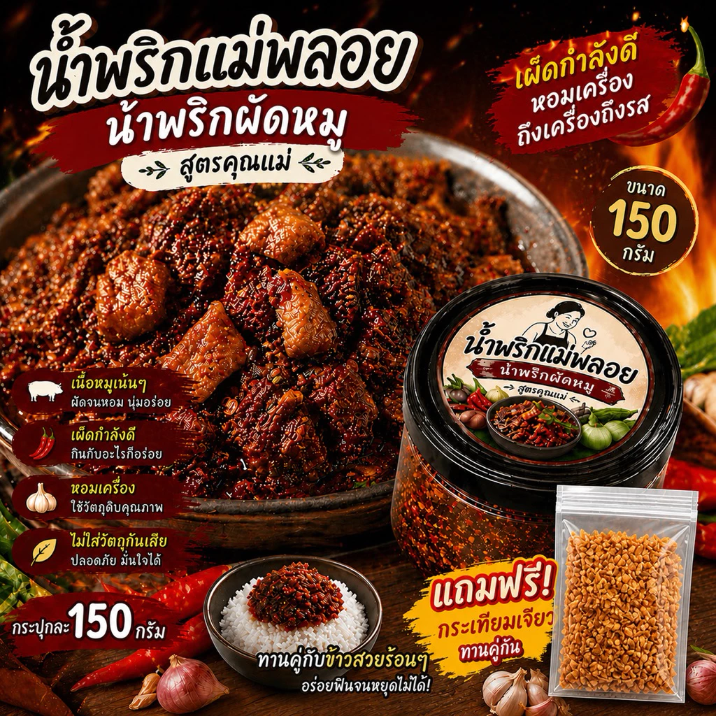 น้ำพริกผัดหมู แม่พลอย - รสชาติกลมกล่อม ผัดแห้งไม่อมน้ำมัน ทานกับข้าวสวยฟินมาก