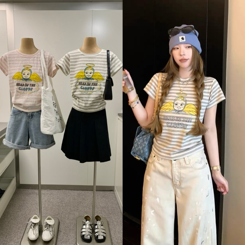 9462# เสื้อคอกลมแขนสั้นลายริ้วสกรีนลายช่วงอก เนื้อผ้าดี ทรงสวย  TAG:WG.WE 🇰🇷