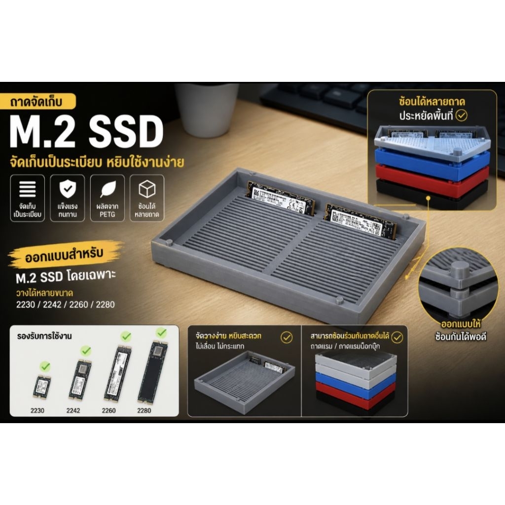 ถาดใส่ M.2 SSD แบบซ้อนกันได้ | ถาดจัดเก็บ M2 SSD พิมพ์ 3D PETG สำหรับร้านคอม/ช่างซ่อม