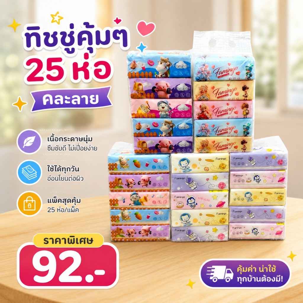 พร้อมส่ง25ห่อ ทิชชู่คละลาย น่ารักๆ หนา2ชั้น เช็ดหน้า ทำความสะอาด