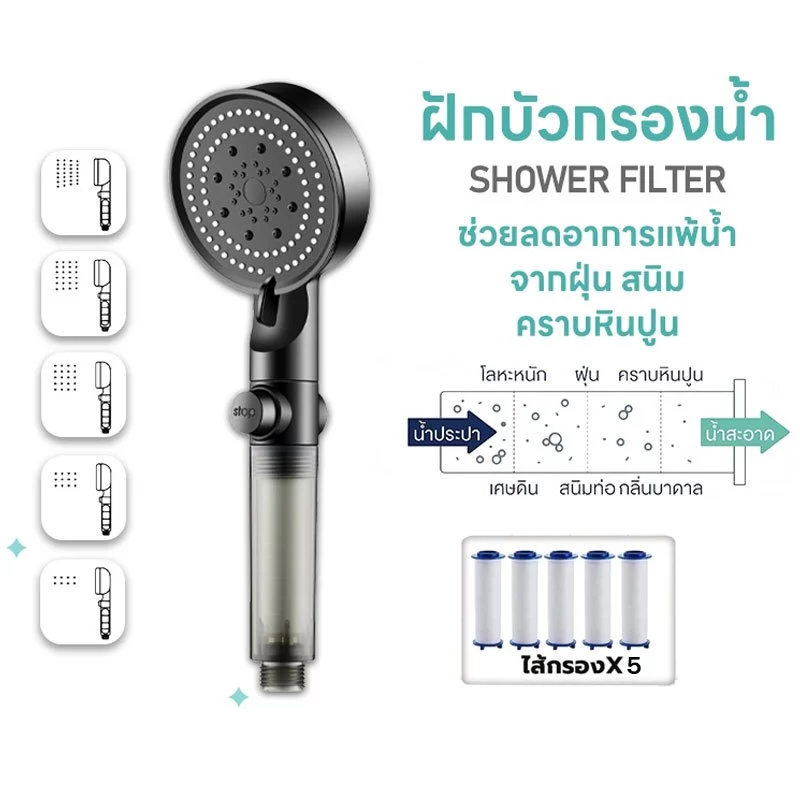 ฝักบัวกรองน้ำ SHOWER FILTER รับฟรีไส้กรองฝักบัว 5 ชิ้น ปลอดภัยต่อผิวบอบบาง ระบบกรองแร่ธาตุ