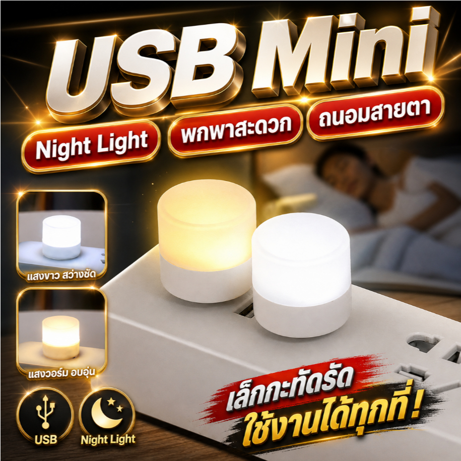 【💡หลอดไฟขนาดเล็ก】หลอด LED กำลัง 2W แบบ USB มีให้เลือก 2 สี (แสงขาว / แสงขาวอุ่น) ขนาดกะทัดรัด พกพาสะดวก เสียบแล้วใช้งาน