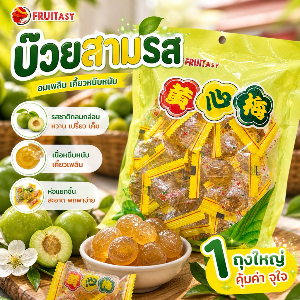 50 เม็ด ลูกอมบ๊วยเคลือบน้ำตาล หวานเค็มเพลิน ตราฟรุ๊ตทาชี่