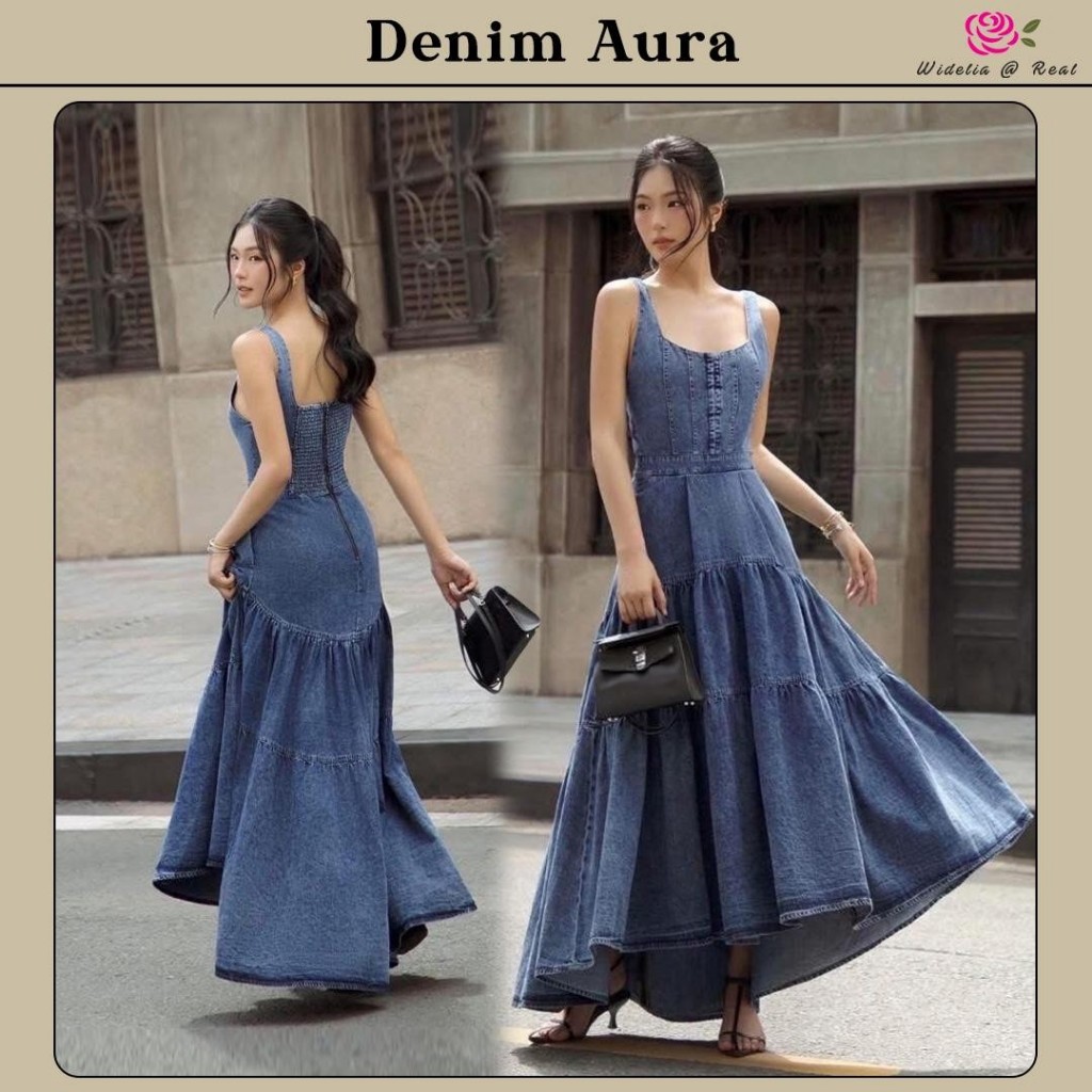 Widelia ยีนส์ Denim Aura Dress เดรสตัวยาว สายเดี่ยว คอเหลี่ยม อกติดตระขอ ซิปหลัง สม็อคหลัง เนื้อผ้ายีนส์แท้