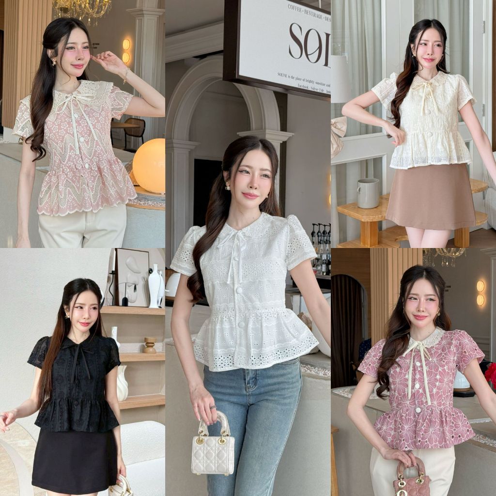 [S-XXL] เสื้อลูกไม้ระบายชายคอปกลุกไม้ถักผ้าฉลุดอกไม้สวย