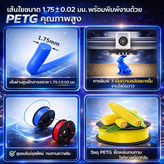PETG Filament เกรดพรีเมี่ยม ขนาด 1.75mm 1kg สีพื้นฐาน ใช้กับเครื่องพิมพ์ 3 มิติได้ทุกยี่ห้อ แข็งแรง ทนความร้อน พร้อมส่ง