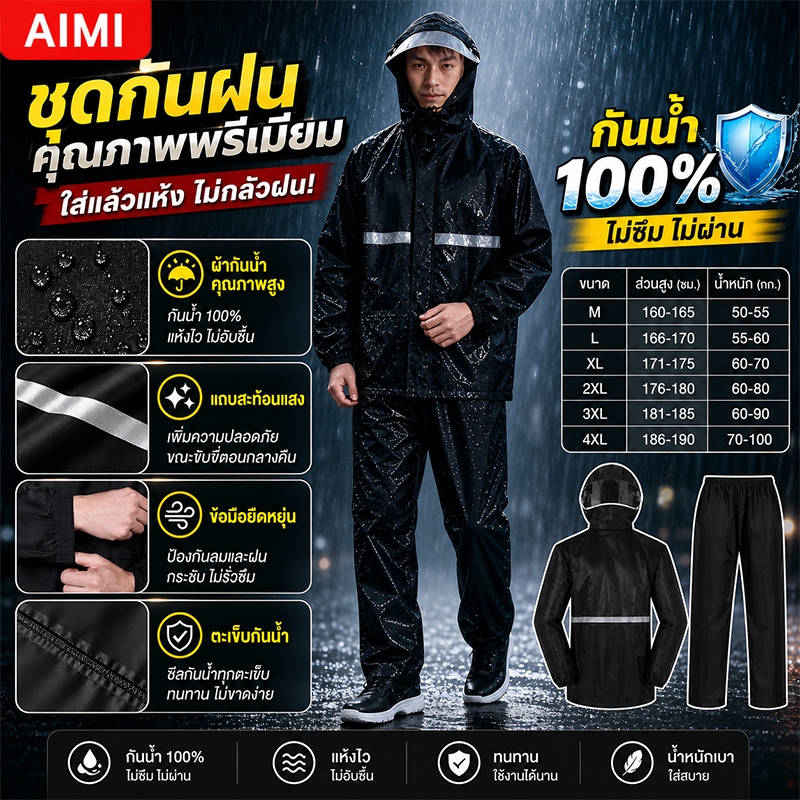 Aimi  เสื้อกันฝน มีแถบสะท้อนแสง รุ่นหมวกติดเสื้อ ชุดกันฝน มีแถบสะท้อนแสง Waterproof Rain Suit