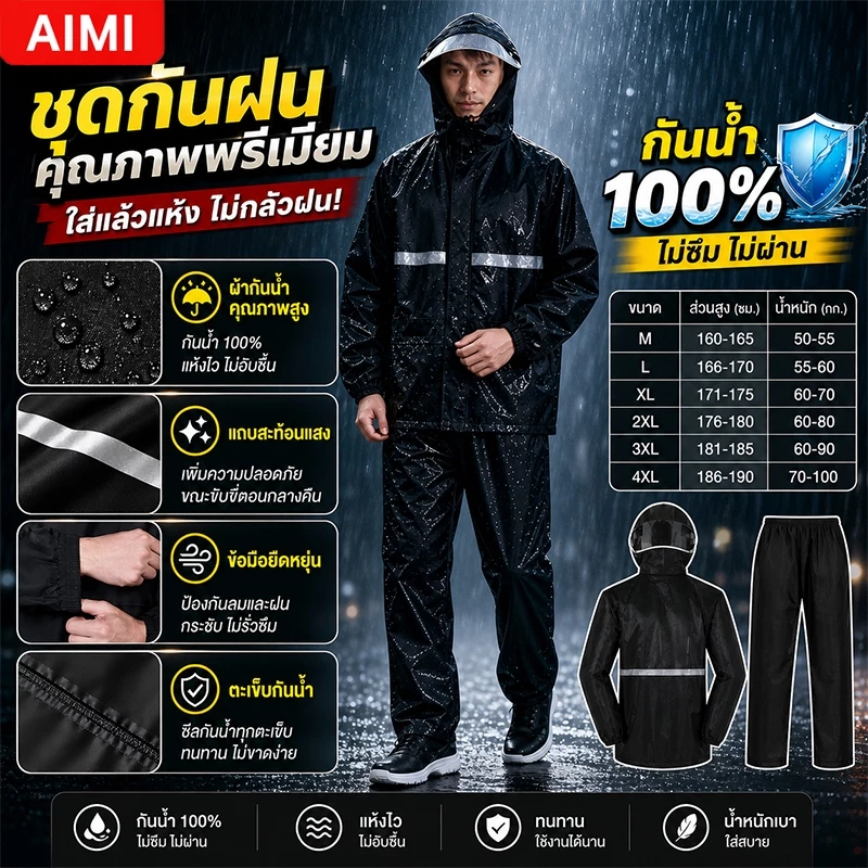 Aimi เสื้อกันฝน มีแถบสะท้อนแสง รุ่นหมวกติดเสื้อ ชุดกันฝน มีแถบสะท้อนแสง Waterproof Rain Suit