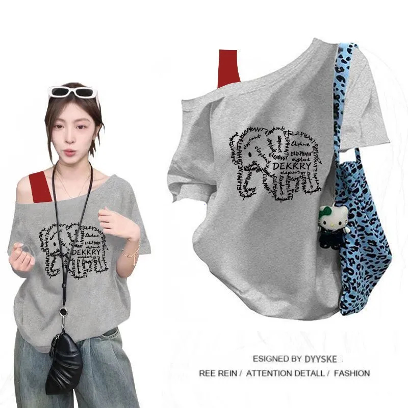 COD-เสื้อยืดผู้หญิง-ไหล่ผึ่งไหล่หลุด-สุภาพบุรุษเกาหลี-แนวโน้ม-ความรู้สึกการออกแบบ-พิมพ์ลายช้าง-เสื้อยืดประจำวัน