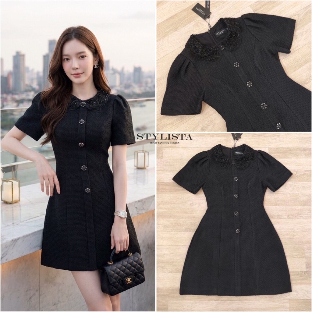STYLISTA BLACK-LUXE ผ้าเนื้อทวีต เดรสสีดำคอปกมุก