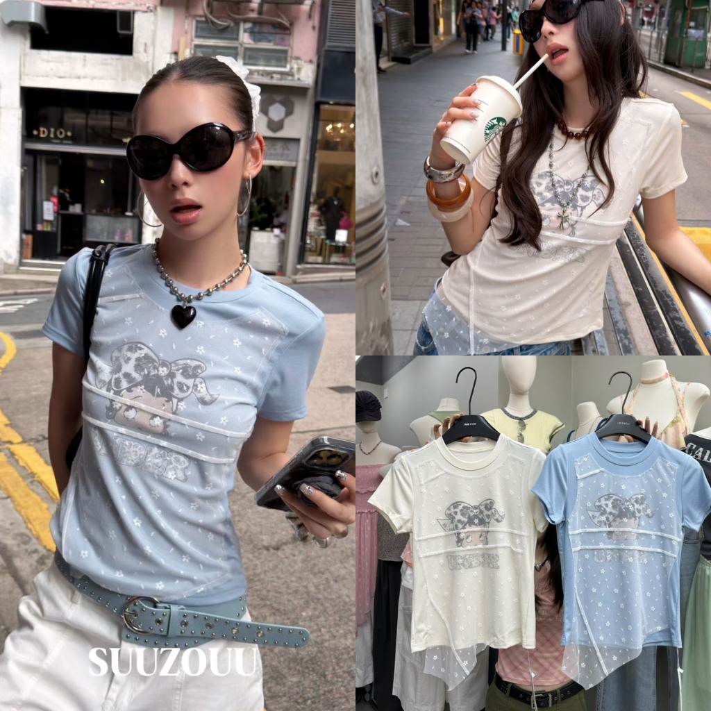 🧵🧡 🇰🇷 SU267 เสื้อยืดคอกลม แขนสั้น ลายน้องเบตตี้ แต่งผ้าบางลายดอกไม้ ผ้ายืดหยุ่นได้ดี แฟชั่นเกาหลี TAG MM Fish ✈
