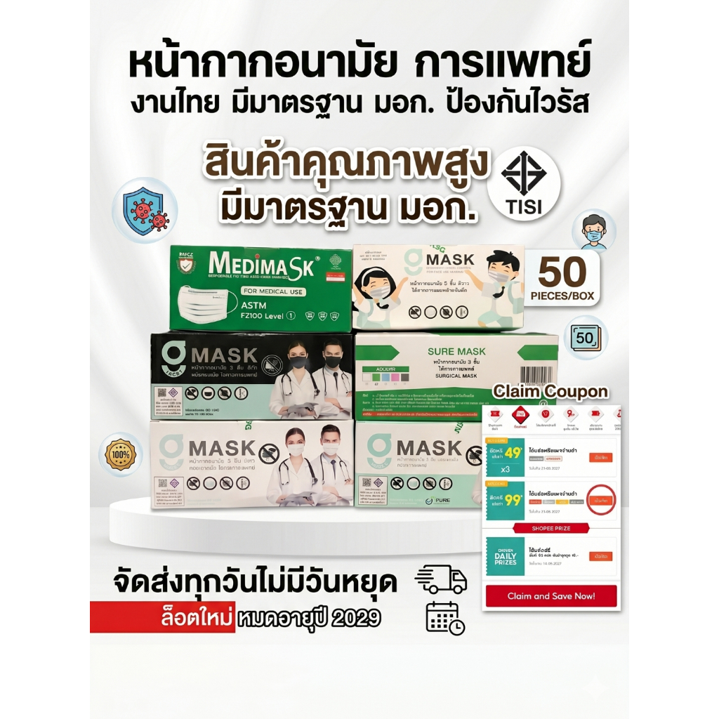 🚩หน้ากากอนามัยทางการแพทย์​ Suremask​ Glucky​ Medimask​ Biken​ มี​ VFE​ ป้องกันไวรัส​