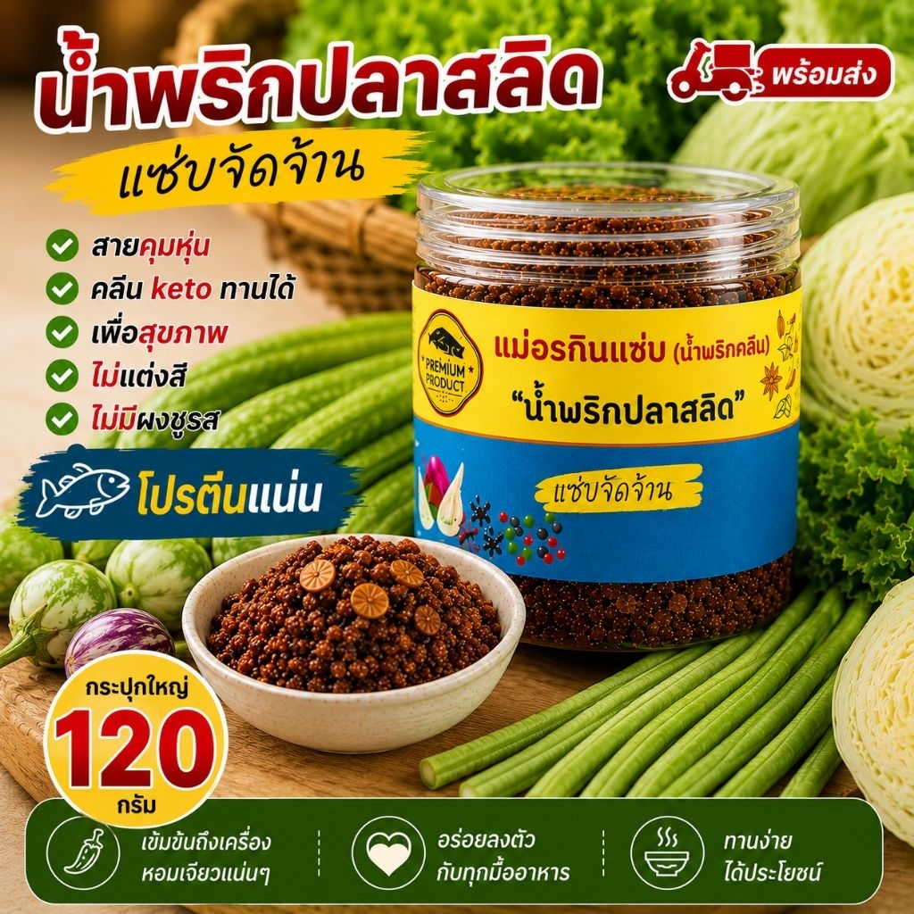 น้ำพริกคลีนโปรตีนสูง อกไก่-ปลาสลิด แคลต่ำ สายคุมหุ่น
