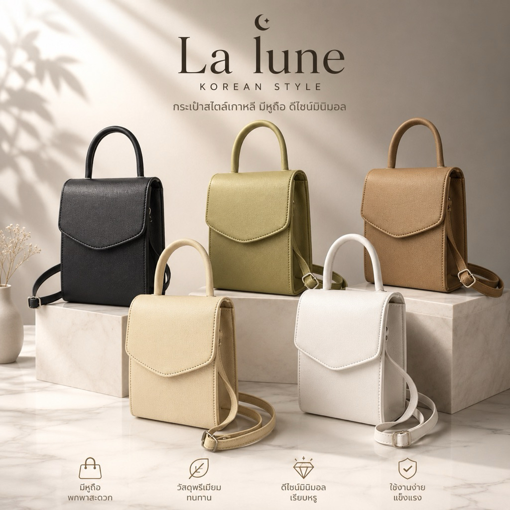La Lune Cara กระเป๋าสะพายข้างผู้หญิง กระเป๋าหนังPU พรีเมี่ยม สไตล์คลาสสิก สายปรับได้ Made in Thailan