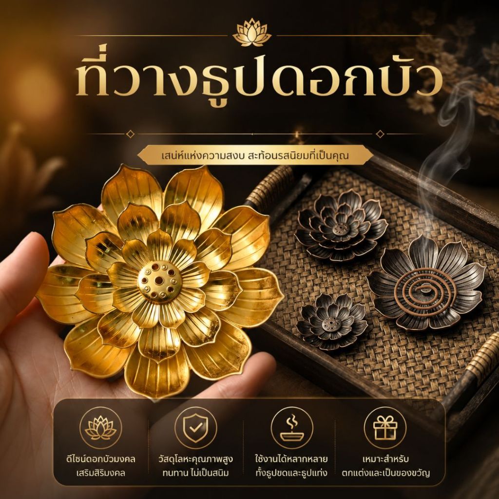 BURNER🏯แท่นปักธูป ฐานวางธูป ที่ใส่กำยาน ที่ใส่ธูปขด ธูปหอม เชิงวางกำยาน วัสดุโลหะผสม ดีไซน์กลีบดอกบัว แยกชิ้นส่วนได้🏯