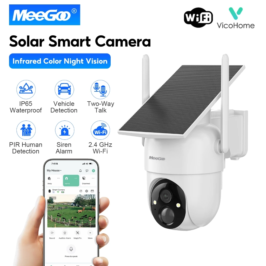 MeeGoo กล้องวงจรปิดโซล่าเซลล์ 3MP HD Wifi กล้องวงจรปิดไร้สาย กันน้ำIP65 Battery Power กลางคืนสีสัน