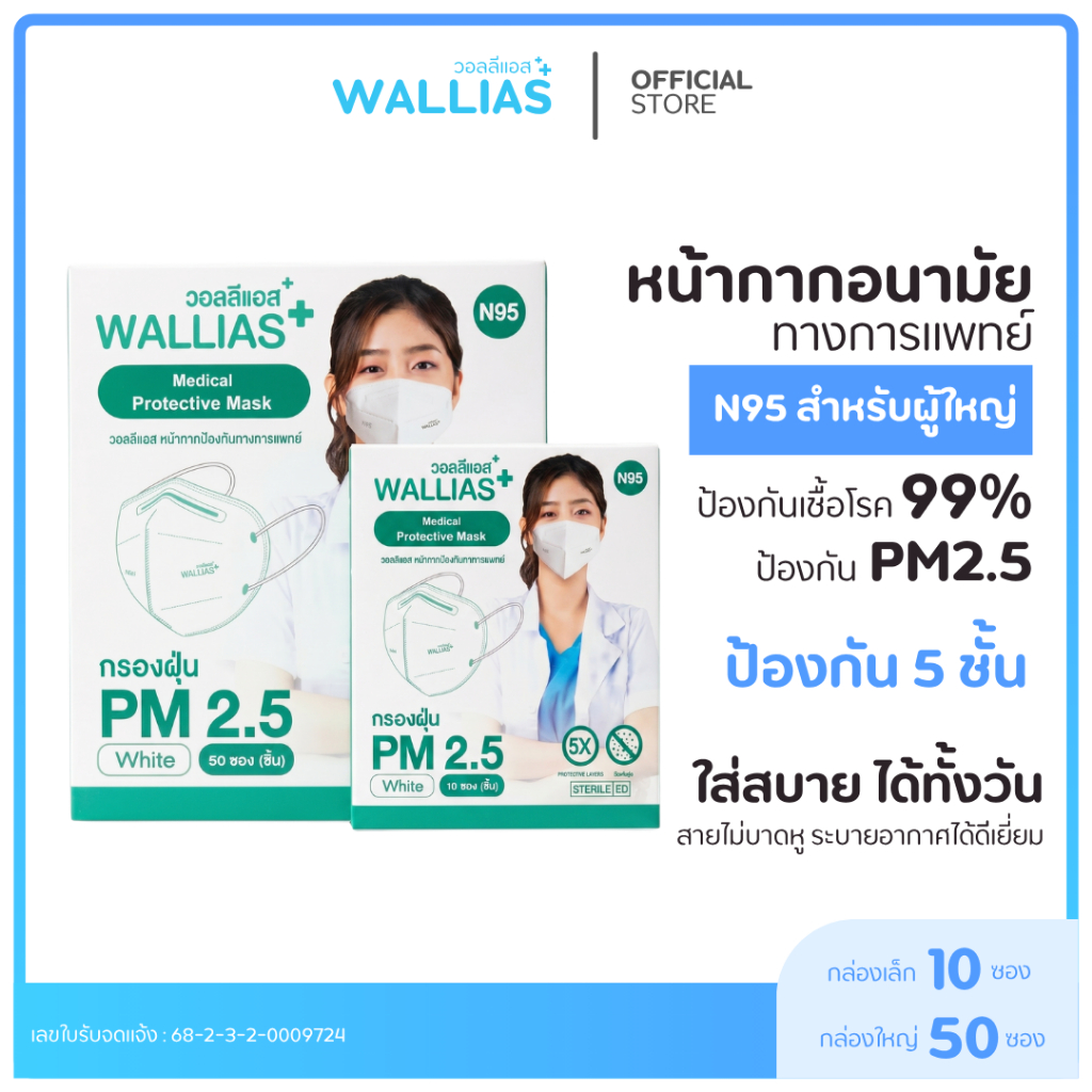 N95ผู้ใหญ่ แบบ 50/10 ชิ้น  Medical Mask  ยี่ห้อ Wallias สีขาว (สำหรับผู้ใหญ่) ป้องกัน PM 2.5