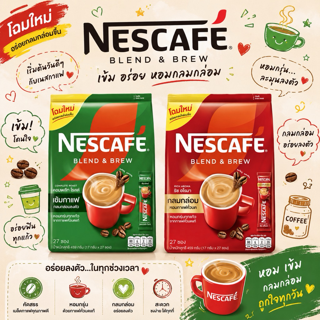 ☕️Nescafe☕️ Blend & Brew Coffee เนสกาแฟ กาแฟสำเร็จรูป ชนิดผง 3in1 27 ซอง หอม อร่อย เข้ม กาแฟซอง กาแฟพร้อมดื่ม กาแฟชง