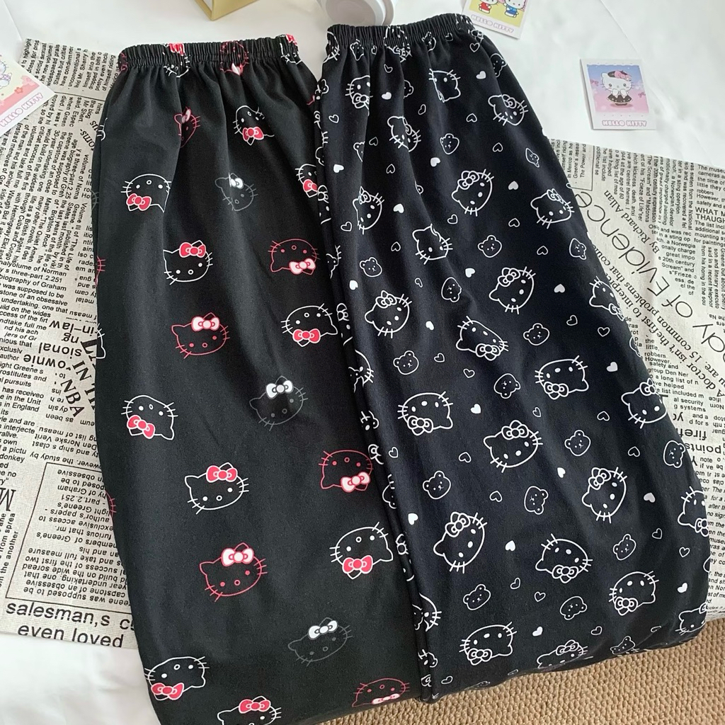 [JisellaShop]กางเกงขายาว เอวยางยืด Free size ทูโทน KTชมพูดำ KTขาวดำ