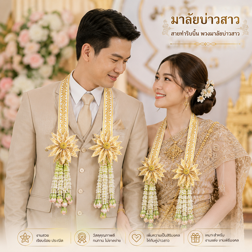 ริบบิ้นทอง โบว์ทอง สายคล้องคอ มาลัยบ่าวสาว ลายต้นข้าว ขายเป็นคู่