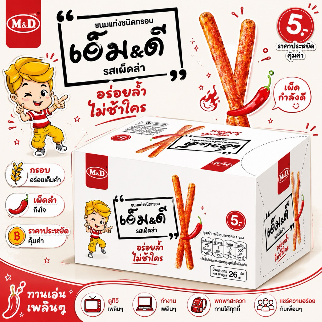 🌶️ขนมล่าเถียว ขนมเอ็มดี 🫑ขนมMD รสหม่าล่า ขนมเคี้ยวหนึบ 1 กล่อง 13 ซอง
