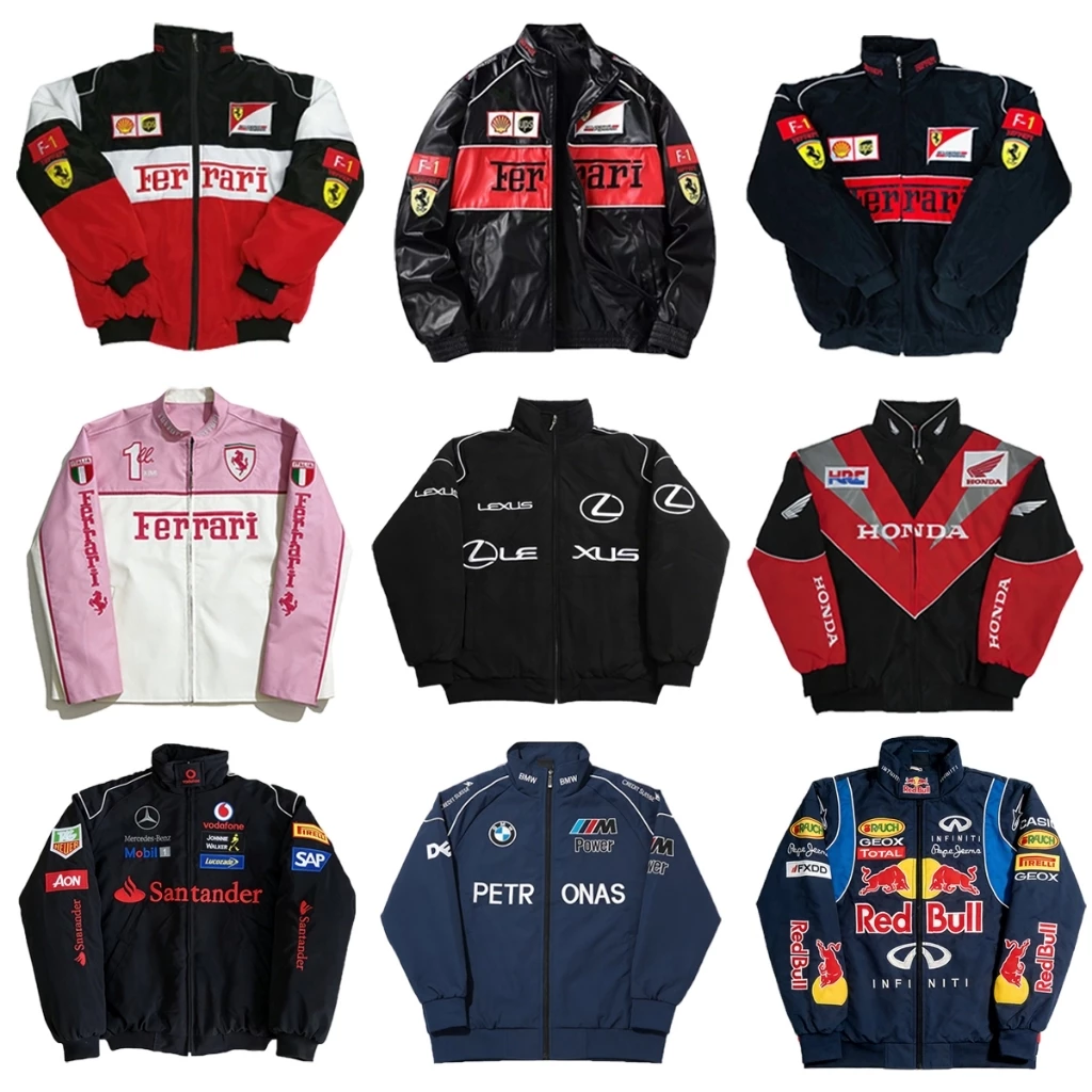 【พร้อมส่งไทย】F1 Ferrari แจ็คเก็ต เสื้อแข่งรถ ลำลอง อเมริกันย้อนยุค ปักลาย กันลม แบบมีซิป สำหรับผู้ชายผู้หญิง