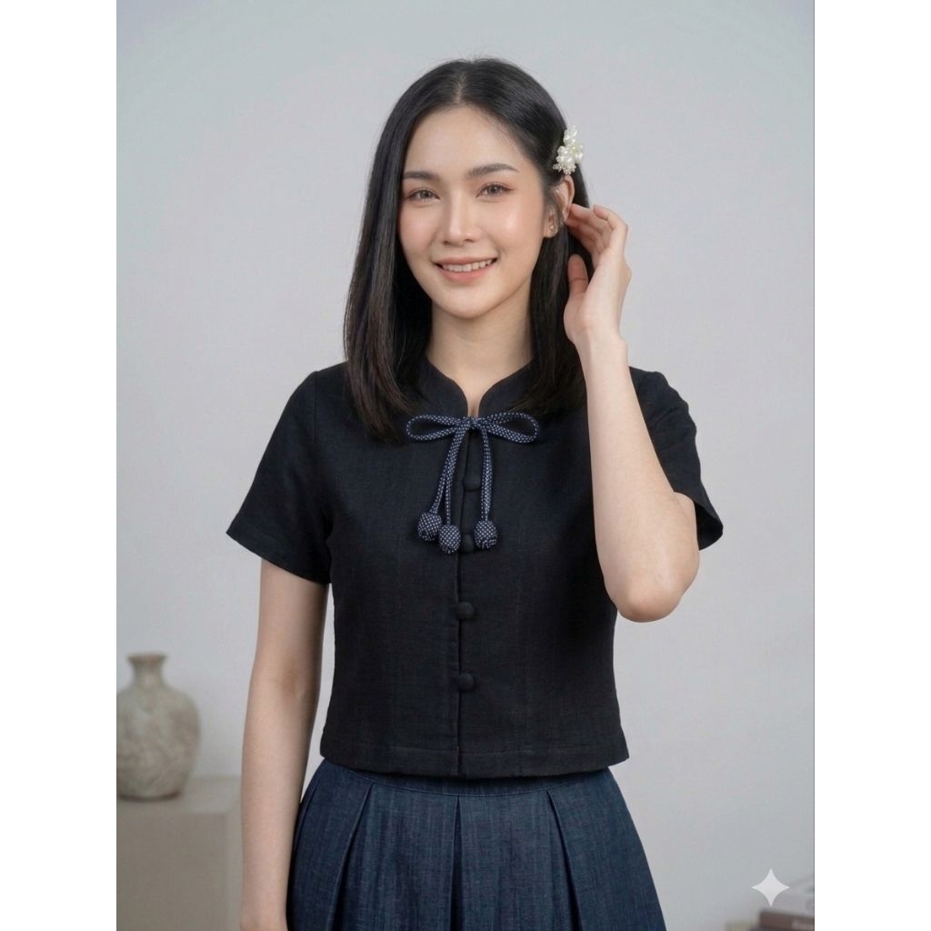 เสื้อคอจีนแต่งโบทำจากผ้าฝ้ายเยื่อไผ่อัดกาว