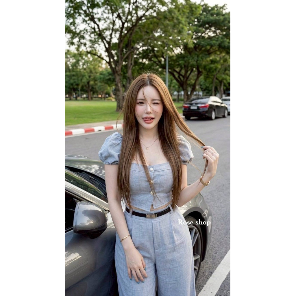 Phapassz - เชต 3ชิ้น เสื้อแขนตุ๊กตามีกระดุมหน้า กางเกงหรูขายาว สีพื้น มาพร้อมเข็มขัดสุดปัง #Ontop