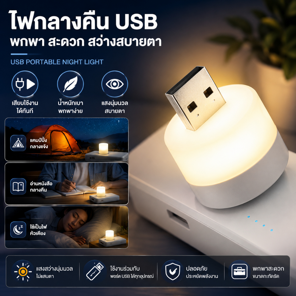 หลอดไฟ LED USB 2W หลอดไฟขนาดเล็ก แสงขาว วอร์ม แสงเหลือง ไฟมินิ
