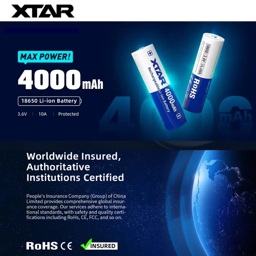ถ่าน XTAR 18650 4000mAh 3.6V 10A Li-ion Rechargeable Battery