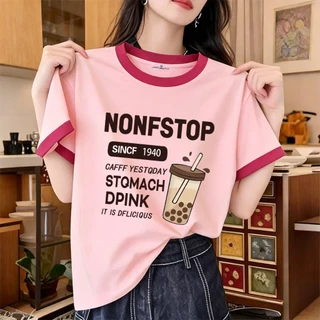 (อัปเกรดอย่างสมบูรณ์) เสื้อแขนสั้นคอกลมสไตล์เกาหลีสำหรับผู้หญิง พิมพ์ลายสกรีน ไม่ลอกง่าย มี 4 สีให้เลือก (ไซส์ M-XXXL)