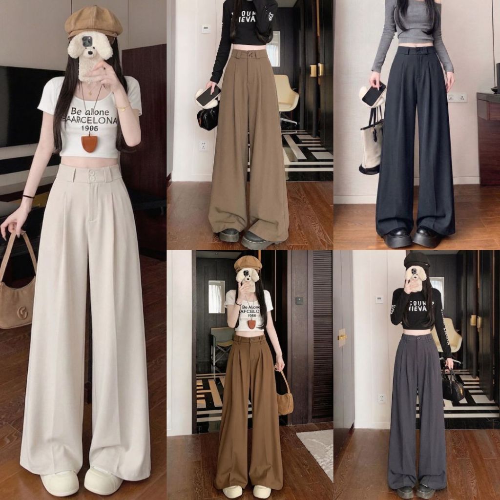 FS-PANT กางเกงแฟชั่นเกาหลี กางเกงขายาวผู้หญิง ทรงกระบอกกว้าง เอวสูงสม็อคหลัง ผ้านุ่มใส่สบาย แมทช์ง่ายดูดี