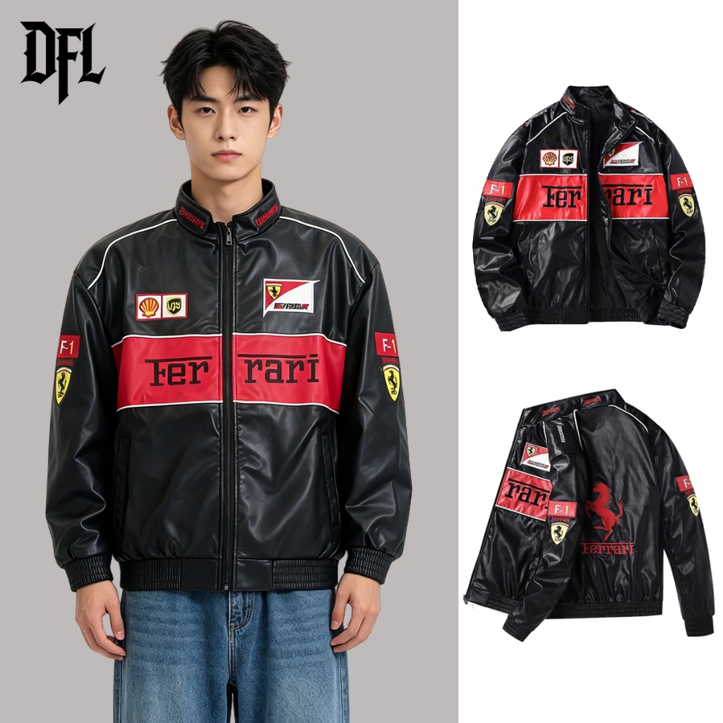 F1 Ferrari แจ็คเก็ตหนังPUวินเทจ ปักลาย เสื้อแจ็กเก็ตรถแข่งกันลมแขนยาว แบบมีซิป สำหรับกีฬากลางแจ้ง ใส่ได้ทั้งชายหญิง