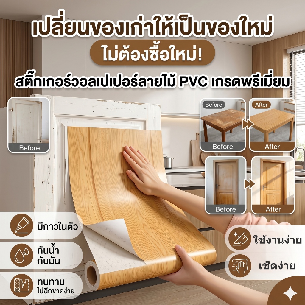 Royzen สติ๊กเกอร์ลายไม้ ติดเฟอร์นิเจอร์และผนัง กันน้ำ มีกาวในตัว หนาทนทาน วอลเปเปอร์ติดง่าย