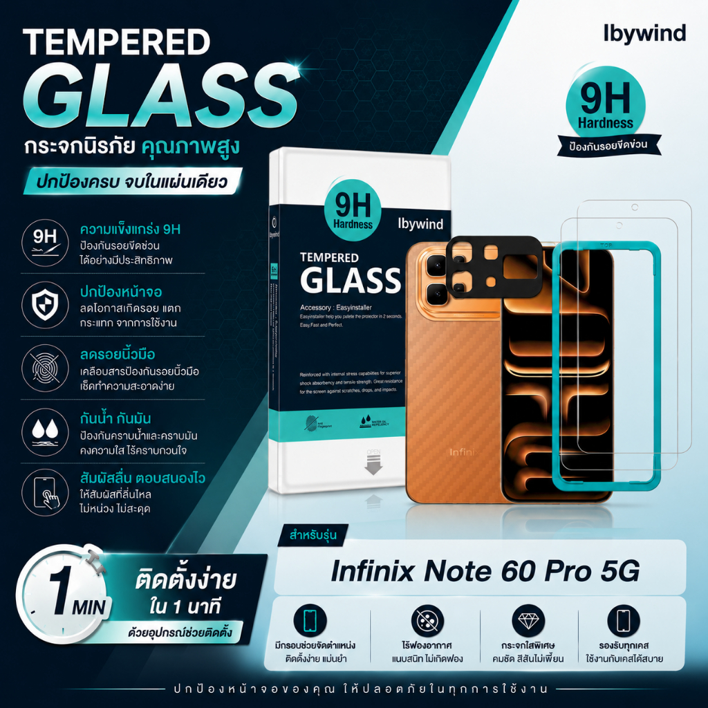 Ibywind ฟิล์มกระจก Infinix Note 60 Pro 5G ครบชุด หน้า+หลัง+กันเลนส์กล้อง ใส 4K ติดตั้งง่าย ส่งจากไทย