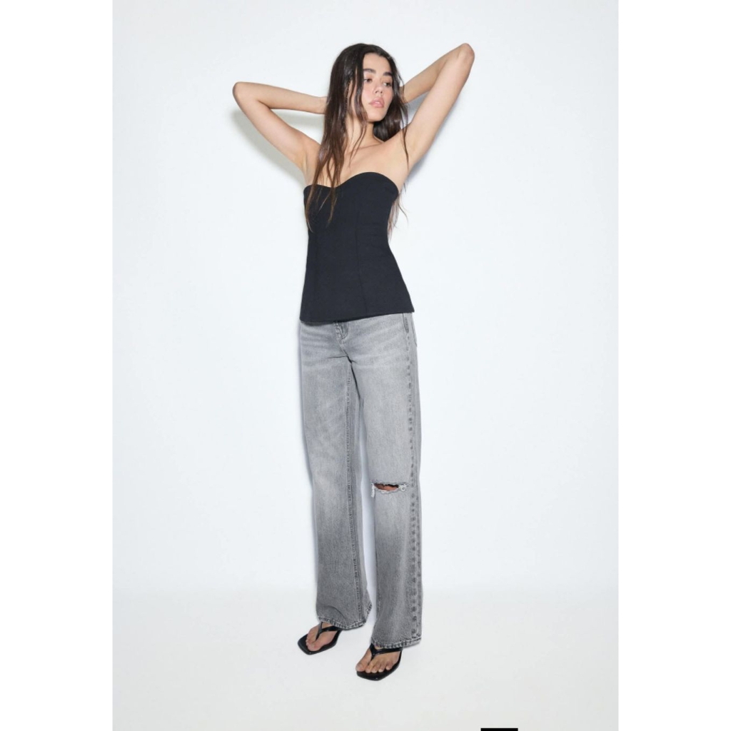 Stardivarius D92 Straight Wide กางเกงทรงกระบอกแต่งขาดเข่า(สีเทาฟอก) งานแท้/ใหม่ ไซส์ในรายละเอียด