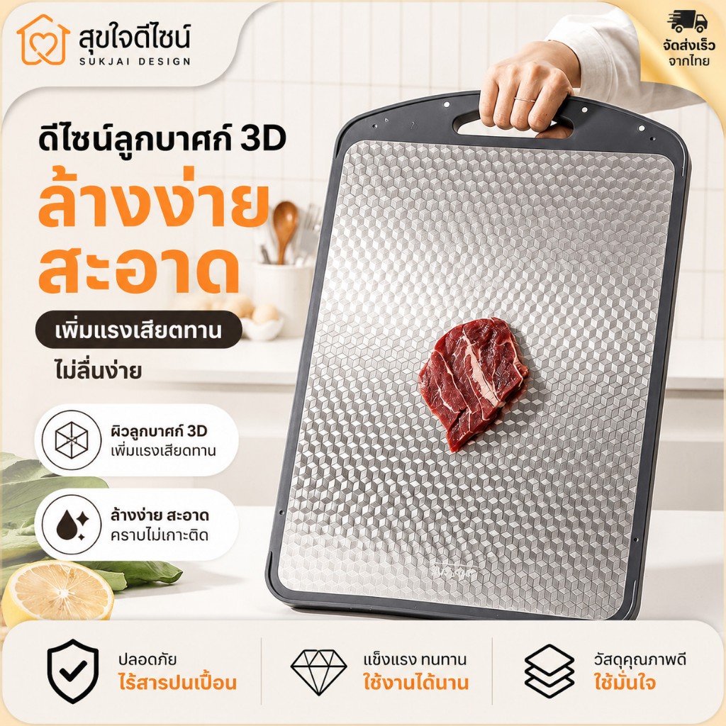 เขียงสแตนเลส 316 สองด้าน + PP ต้านเชื้อแบคทีเรีย 99.9% สำหรับหั่นผัก เนื้อสัตว์ ผลไม้ ของสด หนาพิเศษ ทนทาน