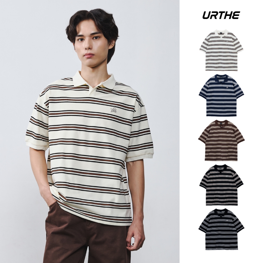 URTHE - เสื้อโปโล ลายทาง Oversize รุ่น HERITAGE STRIPE OVERSIZED BOXY STRIPE POLO