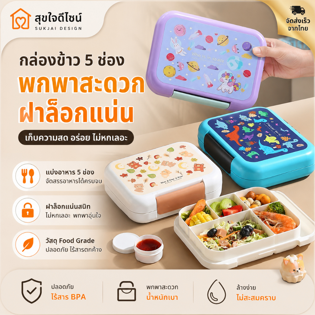 COD กล่องอาหารกลางวันนักเรียน-คนทำงาน มีช่องแบ่ง ลายน่ารัก ไมโครเวฟได้ ปลอดภัย BPA Free พกพาสะดวก