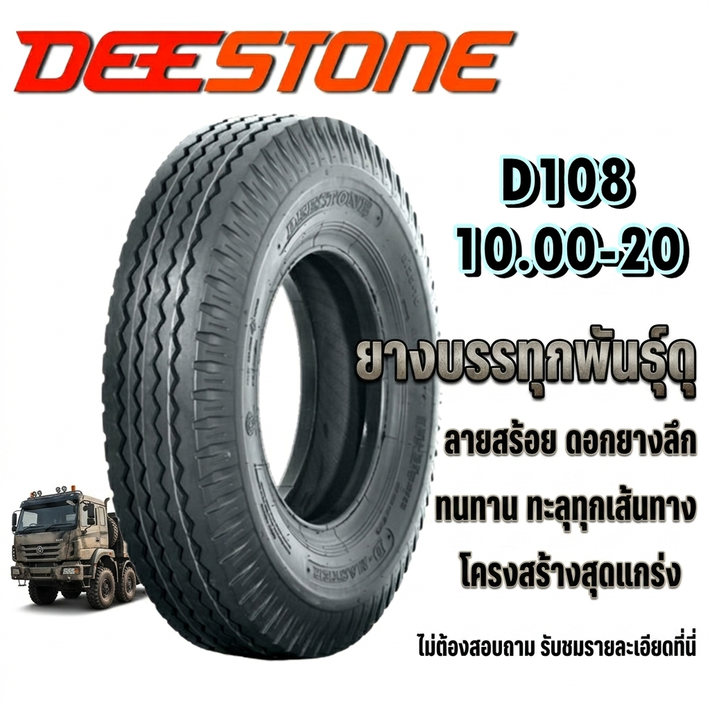 ยางรถบรรทุก ชนิดผ้าใบ ขนาด 10.00-20 รุ่น D108 ชนิด TT 16PR ยี่ห้อ DEESTONE