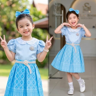 ชุดไทยเด็ก ชุดไทยเด็กไปโรงเรียน เซท3ชิ้น เสื้อ ปกลูกไม้ฉลุ กระโปรง กิ้บโบว์ มี5ไซส์ ถึงเด็กโตหนัก 38 กก. ฉลุ2
