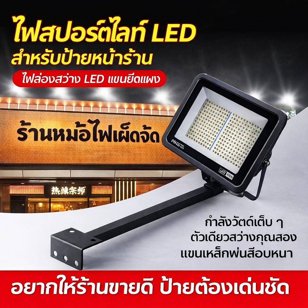 ไฟสปอร์ตไลท์ LED ส่องป้ายโฆษณา พร้อมขายึดยาว 50/100cm แสงขาว 50W–200W กันน้ำ IP65 สำหรับติดหน้าร้านและผนังอาคาร