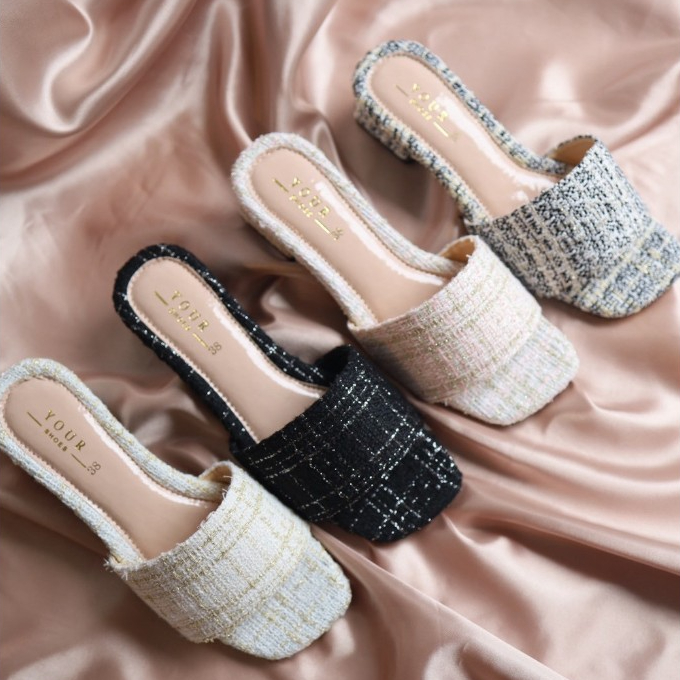YOURSHOES O7 / รองเท้าส้นสูง 2นิ้ว รองเท้าผ้าทวิต รองเท้าน่ารัก