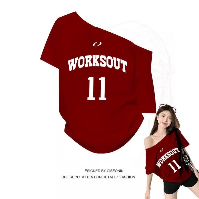 COD-เสื้อยืดผู้หญิงสีแดงไวน์-ลายตัวอักษร-สไตล์แฟชั่น-สไตล์อินส์-ฤดูร้อน-หลวมสบาย-สไตล์เท่ๆ-เสื้อไหล่เอียง