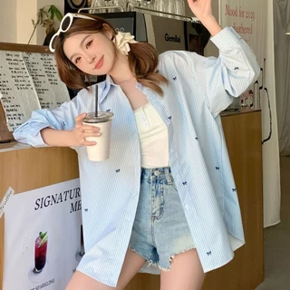เสื้อเชิ้ตแขนยาวลายทางสีฟ้าพร้อมโบว์ ไซส์ใหญ่ สไตล์ลำลองใส่สบายสำหรับสาวพลัสไซส์ ใส่แล้วดูเพรียว#A97