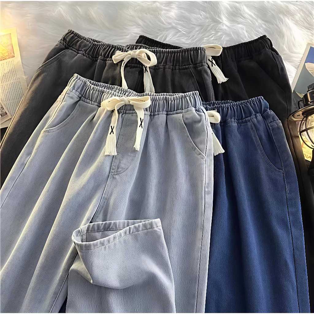 กางเกงยีนส์ Drawstring แบบสบาย ๆ สำหรับผู้ชายหลวม ๆ แฟชั่นขายาวเยาวชนรัก