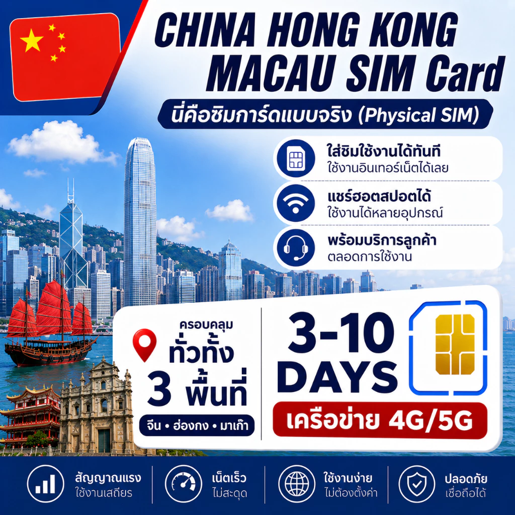 Hong Kong Macao China SIM ซิมเที่ยวฮ่องกง มาเก๊า จีน ซิมเน็ต 4G/5G ซิมเน็ตรายวัน เลือกได้ 3-10 วัน