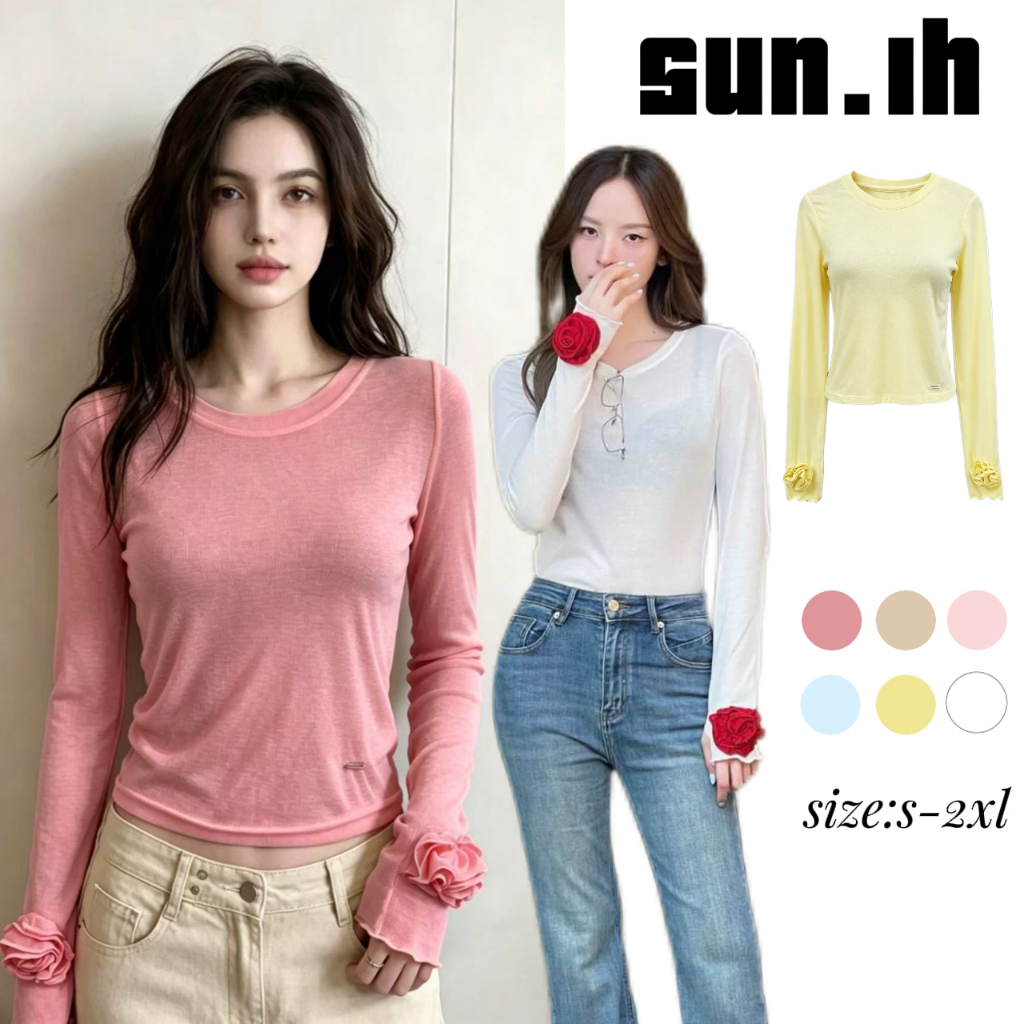 SUN ️พร้อมส่ง ️Camellia Top เสื้อแขนยาว ทรงเข้ารูป ปลายแขนแต่งดอกคาเมลเลีย – โปรปัง