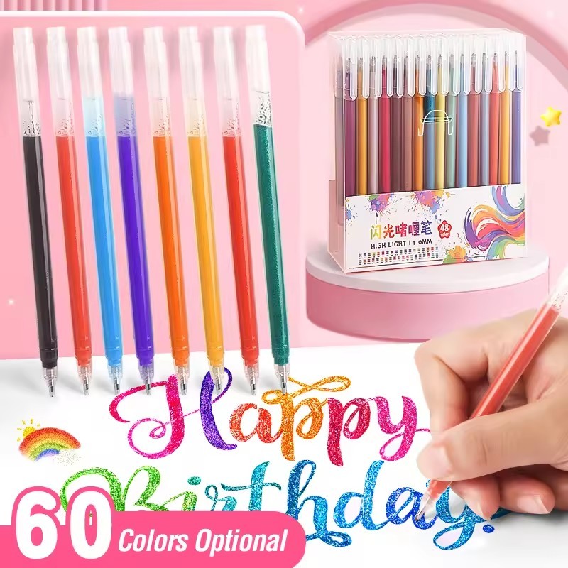 ปากกากากเพชร 8-60 สี ปากกาเจลสีรุ้ง Glitter Gel Pen เขียนลื่น แห้งไว ไม่เลอะมือ สำหรับตกแต่งแพลนเนอร์ DIY